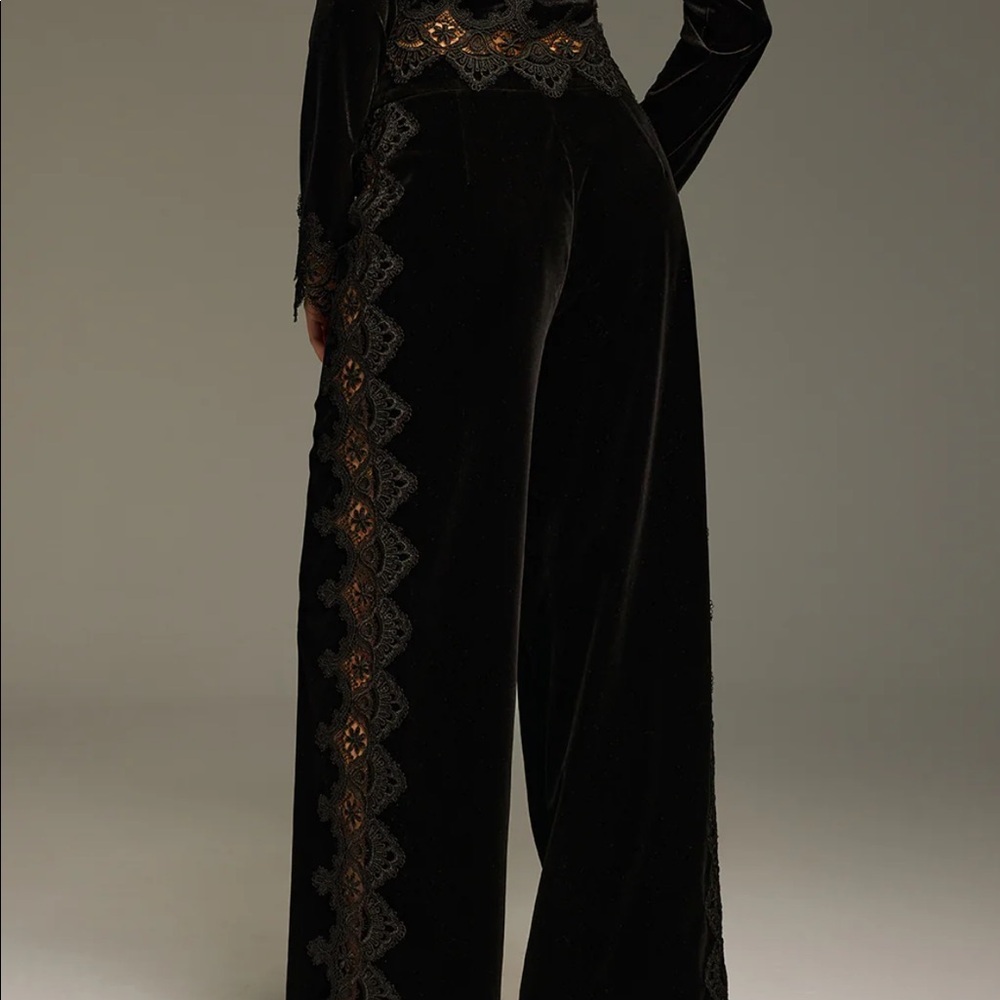 Commense Side Lace Panel Velvet Straight-Leg Pants - Picture 3 of 4